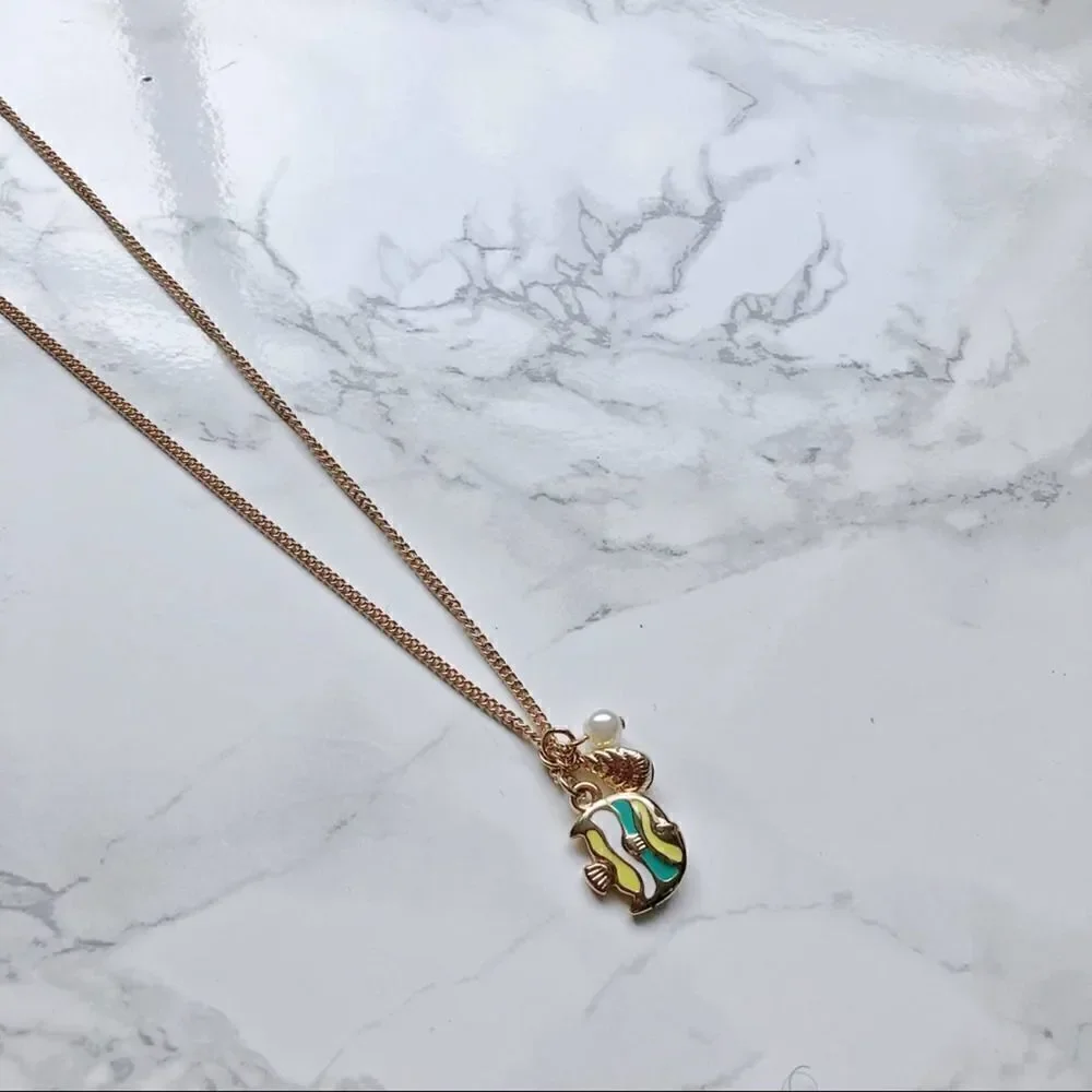 2/$20 Green Yellow Fish Pearl Charm Necklace